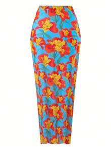 Swim Oasis 3 件套女士泳衣，随机花卉印花，性感细肩带抹胸上衣，三角泳裤，网眼罩裤，夏季泳装套装