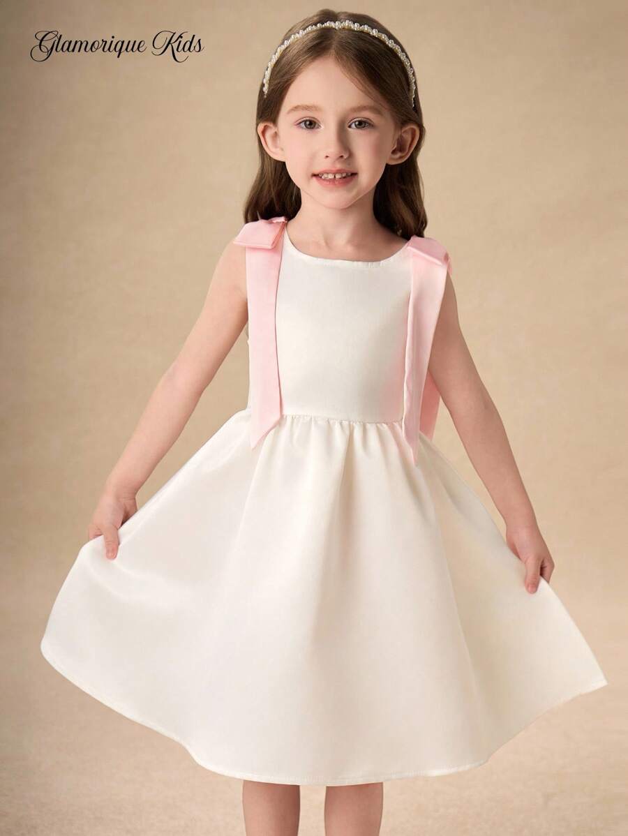 Glamorique Kids Young Girl Chiffon Tiered White Summer Traditional Wedding Dress,Elegant Sweet Flower Girl Wear With Pink Ribbons, Gatherings Little Girl