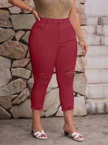 EMERY ROSE 大码女式口袋紧身休闲破洞牛仔七分裤 - 紅色 - 查看 7