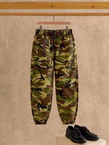 Manfinity NXTstreet Men's Casual Camouflage Print Tapered Pants Camo Cargo Pants Men Men Camo Cargos Camo Pants Baggy Camo Pants Baggy Camo Pants Men Men Cargos, Fall - Army Green - View 2