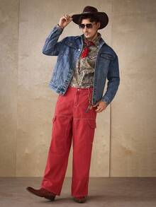 RivetRise 男士休闲时尚街头牛仔风格拼接图案宽松牛仔夹克，春秋季 - 中等水洗藍 - 查看 2