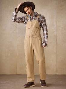 Manfinity Homme Mono holgado de pana caqui con parches y tirantes, estilo callejero, primavera/verano - Caqui - Ver 4