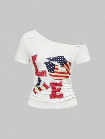 ROMWE Avant Avant Women Plus Size Asymmetric Collar Flag, Heart And Lip Print Concert T-Shirt