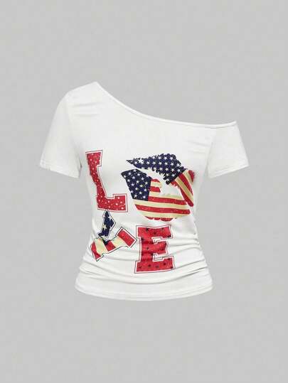 ROMWE Avant Avant Damen Shirt in großen Größen mit asymmetrischem Kragen, Flaggen-, Herz- und Lippen-Muster für Konzerte