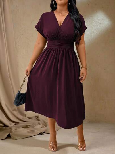 Roveilla Plus Solid Batwing Sleeve Dress For Summer, For Christmas Burgundy Maxi Women Outfit