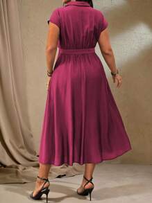 Roveilla 大码女式春夏法式优雅办公室休闲 V 领腰带金属 D 形扣装饰 A 字形连衣裙 - 中紫紅色 - 查看 2