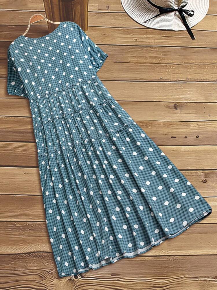 Plus Size Rural Vacation Puff Sleeve Dropped Shoulder Layered Ruffle Hem Loose Fit Smock Dress For Women, Suitable For Spring And Summer Summer Dresses For Women Country Concert Outfit Country Outfits Women Summer Dresses For Women,Flowy Dress