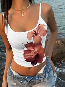 SHEIN EZwear 复古风格热带花卉印花性感吊带背心，适合夏季 - 彩色 - 查看 4
