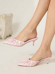 CUCCOO CHICEST 女士尖头一脚蹬高跟鞋，蝴蝶结褶皱设计，优雅细高跟，仿皮，适合通勤、约会、工作，百搭浅粉色穆勒鞋