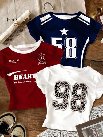 3pcs Tween Girls' Streetwear Leopard Print, Number 98 & 58, City Letter Graphic Slim Fit Casual Comfortable Round Neck Long Sleeve T-Shirt, Suitable For Summer Number Shirt For Kids Girls Jersey Shirts Leopard Print Shirt