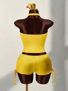 Amplova Bộ 2 chiếc áo yếm đính đá cỡ lớn cho nữ và quần short mini có dây rút - Màu vàng - Xem 8