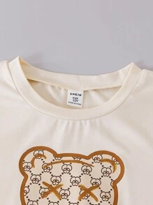 Set da 2 pezzi per ragazze composto da t-shirt a maniche corte con stampa grafica di orsetti e lettere, e leggings, casual e carino, adatto come outfit per il ritorno a scuola