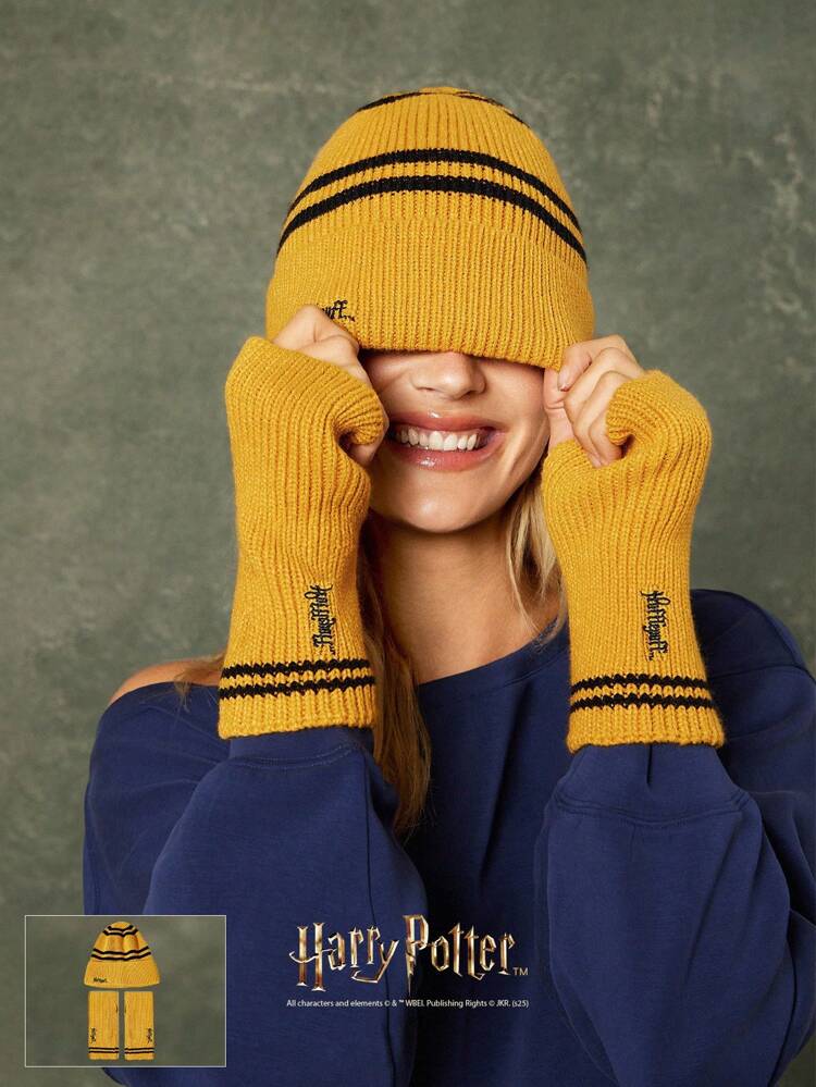 GLOWMODE X Harry Potter Hogwarts House Soft Wool Logo Embroidery Beanie & Fingerless Gloves Set Daily Casual Wear
