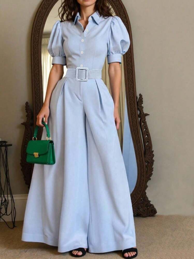 Breezaya Mono elegante francés de cuello, manga abullonada, cintura ceñida y pierna ancha, color azul, para primavera/verano - Celeste - Añade 1