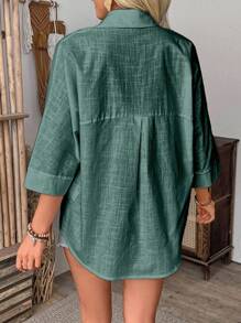 EMERY ROSE 纯色前开襟休闲百搭夏季度假衬衫，春季休闲款 - 墨綠色 - 查看 2