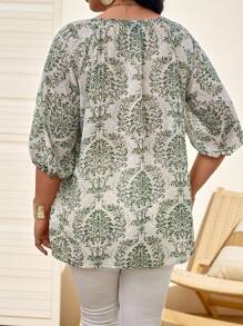 Nubod Plus Size Women's Satin Floral Print Notched Collar Blouse