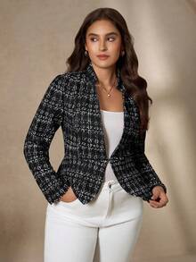SHEIN Clasi 大码休闲通勤简约日常百搭时尚长袖西装外套女式西装外套女式西装外套短款西装外套女士西装外套粗花呢夹克女式秋装大码冬装女式商务休闲女式办公室服装女式工作服 - 黑與白 - 查看 5