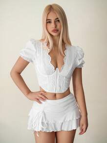 Sweetina Embroidered Fabric Puff Sleeve Underwire Design Women Shirt - White - View 4