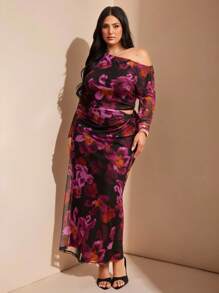 SHEIN BAE Plus Size Women's Date Night Minimalist Elegant Comfortable Asymmetric Neck Pleated Top And Low Waist Twist Knot Skirt Elegant Lady's 2 Pieces Set/Fall Two Pieces Sets/Top And Skirt Set/Knit Set,Purple And Black Printed Long Mesh Two Pieces Suit,Fall Women Clothes,Halloween,Back To School Clothes,School Clothes,Christmas,Winter,Summer Dresses For Women,Wedding Guest Dress Women Curve,Plus Size Dresses,Birthday Outfits For Women,Vacation Outfits Woman,Formal Dresses For Women,Western Wear Women,Purple Set,Mesh - Purple - View 5