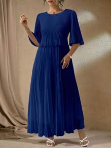 Roveilla Plus Size Elegant Lady Solid Color Pleated Chiffon Dress, Spring & Summer - Navy Blue - View 5