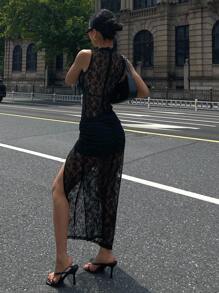 DAZY 畅销性感蕾丝镂空高开衩修身无袖旗袍连衣裙 - 黑色 - 查看 3