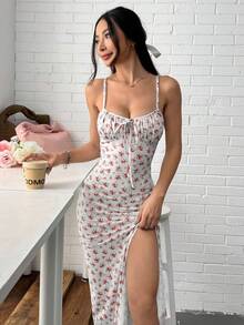 SHEIN EZwear 女式休闲红色碎花侧开衩下摆细肩带连衣裙 - 紅色 - 查看 5