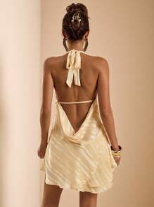 SHEIN BAE 奶油黄色紧身露背垂坠领 A 字迷你连衣裙，性感露背连衣裙，露背设计连衣裙，垂坠领连衣裙，适合春夏季 - 黃色 - 查看 3