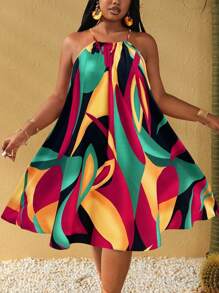 Maweii 大码彩色印花挂脖休闲度假连衣裙