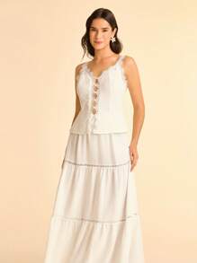 CAJUNI Boho Style Vacation Casual Tropical Contrast Lace Tank Top - White - View 3