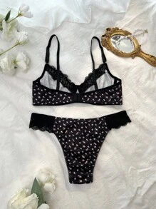 2pcs Set Romantic Floral Lace Patchwork Bra & Panty Set With Underwire, Bow Decor  Cozy And Elegant Details - Black - View 2
