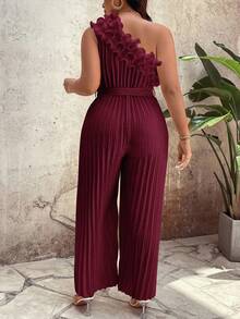 SHEIN Clasi Plus Size Elegant Solid Color Pleated Jumpsuit, Summer - Burgundy - View 2