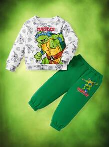 TEENAGE MUTANT NINJA TURTLES | SHEIN 2pcs Baby Boy Cartoon Turtle Pattern Knit Crew Neck Sweatshirt And Sweatpants Set Fall Winter
