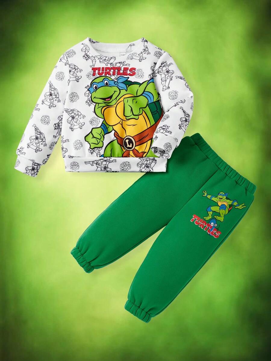 TEENAGE MUTANT NINJA TURTLES | SHEIN 2pcs Baby Boy Cartoon Turtle Pattern Knit Crew Neck Sweatshirt And Sweatpants Set Fall Winter