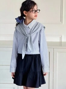 SHEIN Genkimix Kids Niña preadolescente con chal gris a juego con blusa a rayas bordada de manga larga, otoño/invierno - Gris - Ver 6