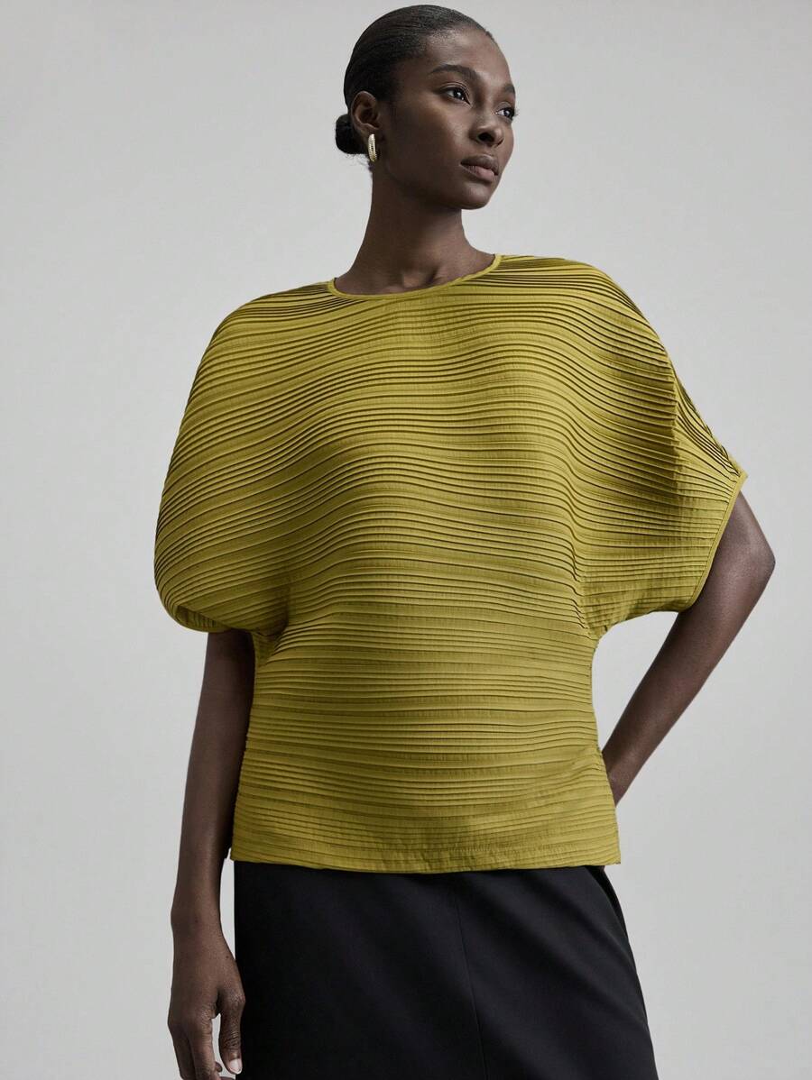 Ontre 2025 秋冬女装、返校装、万圣节装、圣诞节装、教师装、夜间外出装、商务休闲褶饰蝙蝠袖上衣 - 綠色 - 查看 1