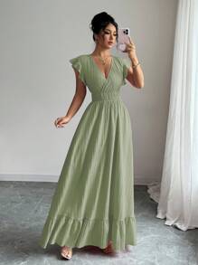 Elenzga Solid Ruffle Hem Dress Maxi Vacation Beach Outfits Women - Mint Green - View 7