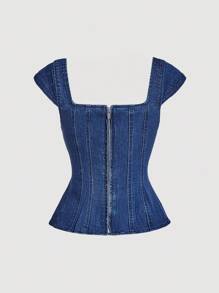 SHEIN MOD Áo denim nữ casual cài cúc phía trước, áo denim xanh mùa hè, áo cổ vuông, áo phong cách Gyaru, Y2K, mùa thu, áo đi chơi nữ, thanh lịch, phong cách cổ điển, áo dễ thương, sang trọng, vintage, áo corset - Rửa tối - Xem 2