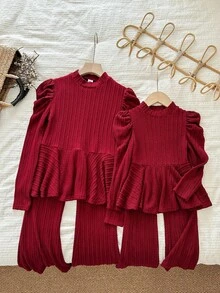 Blossori LMoss 2pcs Tween Girls Solid Color Knit Crew Neck Casual T-Shirt And Flare Pants Set,Christmas Girls Outfits,Christmas,Long Sleeve Top - Red - View 4