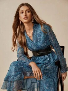 女士休闲通勤优雅佩斯利雪纺荷叶边下摆长裙 - 藍色 - 查看 2