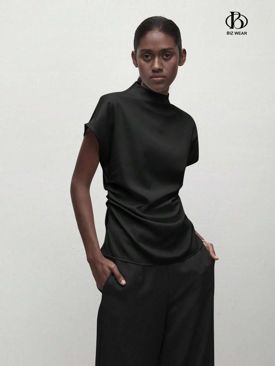 BizChic 女士黑色直领肩袖衬衫，基本款都市通勤风格，简约优雅时尚商务休闲，适合办公室、教师、婚礼嘉宾、音乐会 - 黑色 - 查看 1