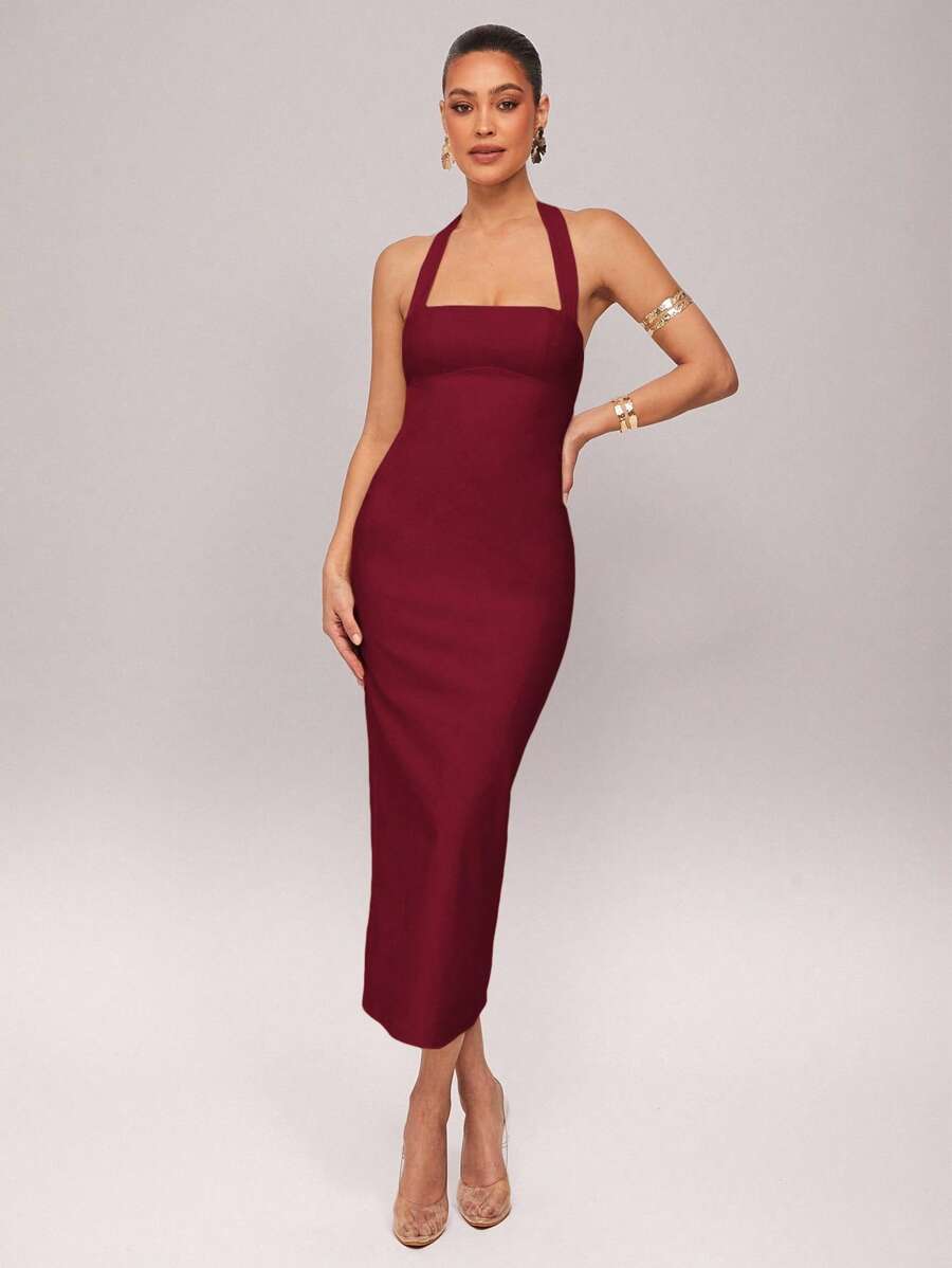 Silquee Early Spring Solid Yellow Romantic Valentine's Day & Date Night Vacation Women's Solid Color Ruffle Hem Halter Cotton Linen Dress, Linen Valentine's Day Dress, Party Dress, Romantic Date Dress, Wedding Bridesmaid Mini Dress, Formal Ball Gown Dress, Daily Commute Dress, White Dress, Birthday Mini Dress, Vacation Dress, Bodycon Midi Dress Midi Dress Halter Midi Dress Tight Midi Dress Elegant Midi Dress Bodycon Dress - Burgundy - View 1