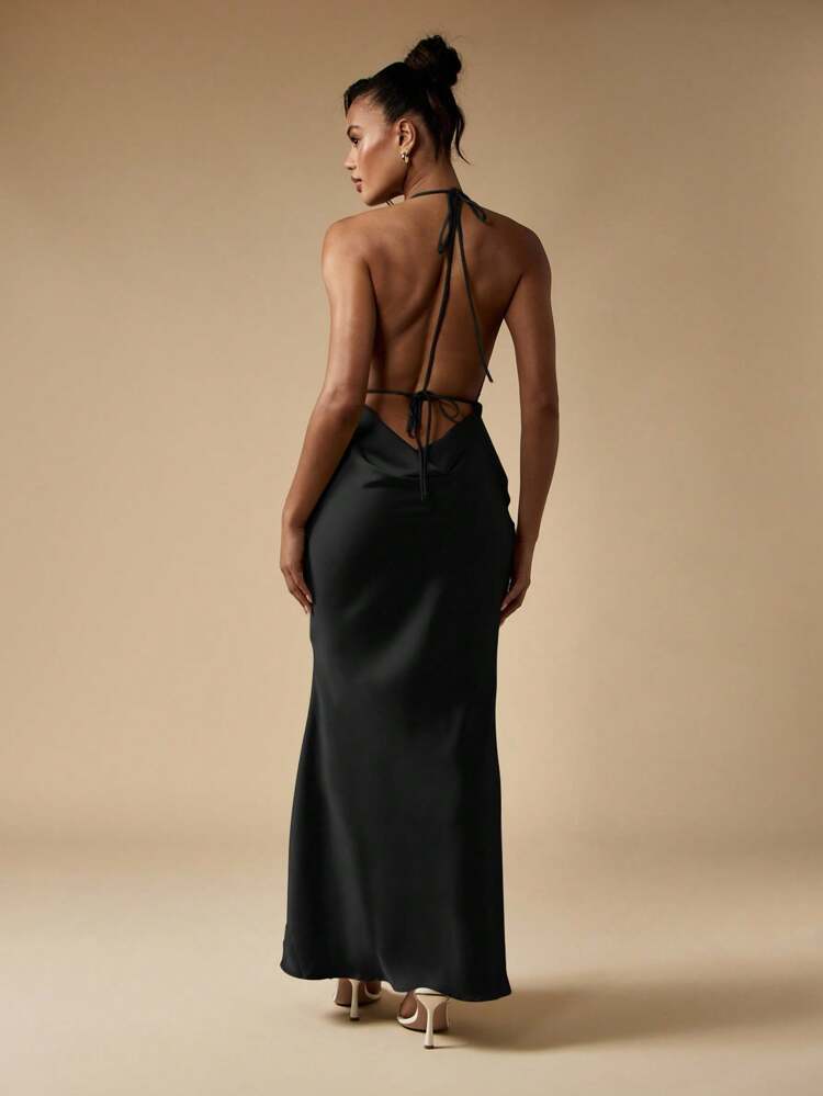MISSGUIDED Evening Cowl Neck Maxi Dress Formal Ball Gown Backless Halter Neck Floor Length Gown Wedding Guest Party Prom Elegant Satin Draped