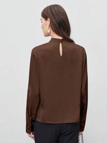 BizChic 女式秋季高领不对称设计褶饰宽松长袖上衣，基本款都市通勤简约优雅时尚商务休闲装，适合教师、办公室、婚礼、音乐会 - 棕色 - 查看 2