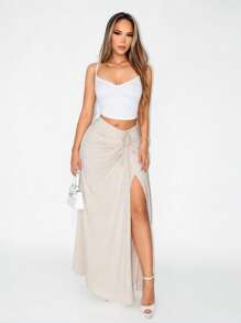 秋季新款设计低腰百褶系带半身裙，百搭高端女士半身裙 - 杏色 - 查看 3