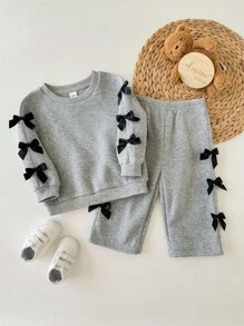 SHEIN 2件套女婴休闲针织灰色蝴蝶结长袖运动衫和裤子套装