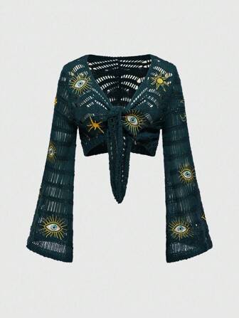 Hippie Hippie Sun, Moon, Star & Eye Embroidered Lightweight Cardigan