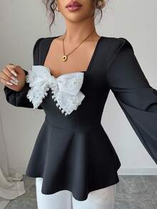 Elenzga Bluză elegantă, în linie A, cu croială slim fit, alb-negru, cu guler cu volane, cu mâneci lungi și bufante, cu perle negre, stil francez - Negru - Vizualizare 1