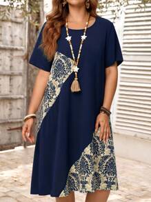 Rusticease 大码女式乡村度假复古休闲几何图案印花不对称拼接圆领短袖中长连衣裙适合春夏季穿着波西米亚风格服装度假连衣裙乡村演唱会服装乡村服装女士连衣裙休闲不对称连衣裙拼接连衣裙 - 彩色 - 查看 3