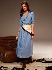 Athîral Denim Women's Drop Shoulder Single-Breasted Pleated Design Casual Denim Dress,Fall Women Clothes,,Work Women Clothes, Western Wear Women - Blue - View 3