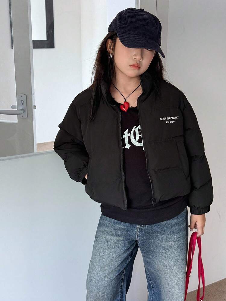 Tween Girl Slogan Print Zip Front Winter Jacket